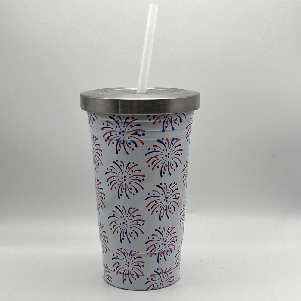 NWT - Patriotic Firework Pattern Stainless Steel 16oz Tumbler, Metal Lid & Straw